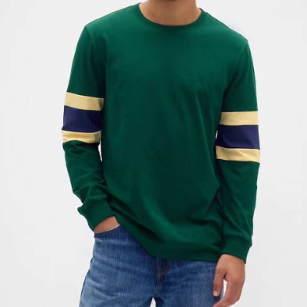 Gap Men's Soft Jersey Knit Striped Shirt Long Sleeve 100% Cotton Sports Green L
